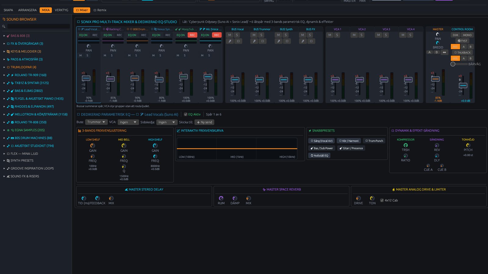 The mixer with channel strips and peak meters